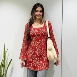 ANNI Designer Women’s Viscose Blend Printed Short Kurti | Straight Fit Casual Ethnic Top | Square Neck Full Sleeve Kurta Office College