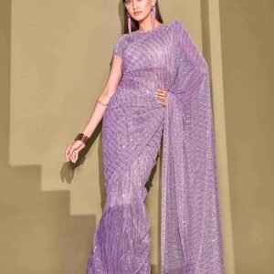 Womanista Women's Women Ready To Wear Saree Ll Women Lycra Saree Ll Women Pre Draped Saree Ll Women One Minute Saree Ll Un-Stitched Blouse Saree, Lavender